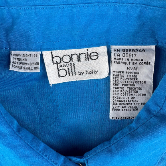 VINTAGE 90s Bonnie and Bill by Holly Bright Blue Short Sleeve Shirt Size MEDIUM - Picture 6 of 7